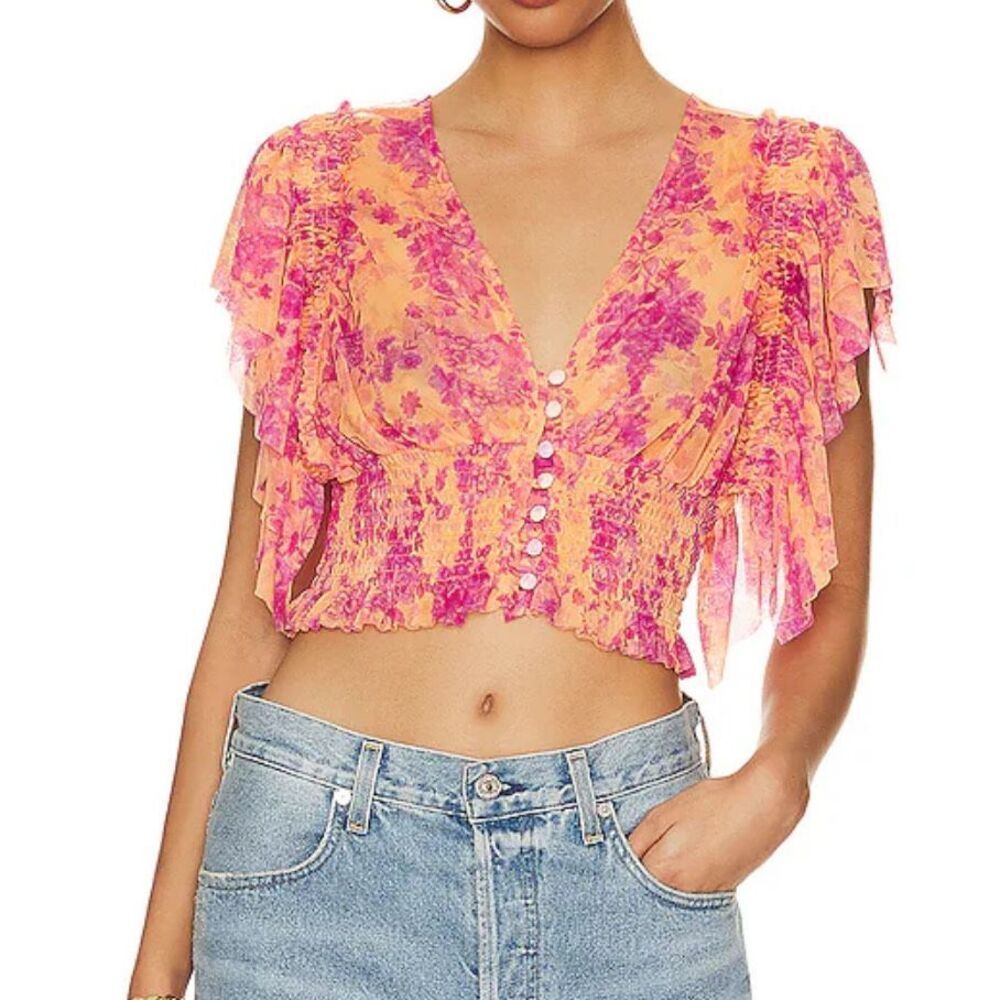 Free People Sugar Top‎ XS Hot Tropics Mesh Cropped Blouse Flutter Sleeve Fairy
